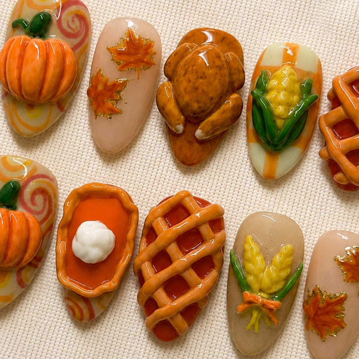 3D Pumpkin, Turkey, Corn, and Harvest Thanksgiving Nail Set