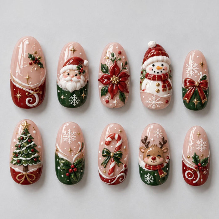 3D Santa, Snowman and Reindeer Christmas Press On Nail Set