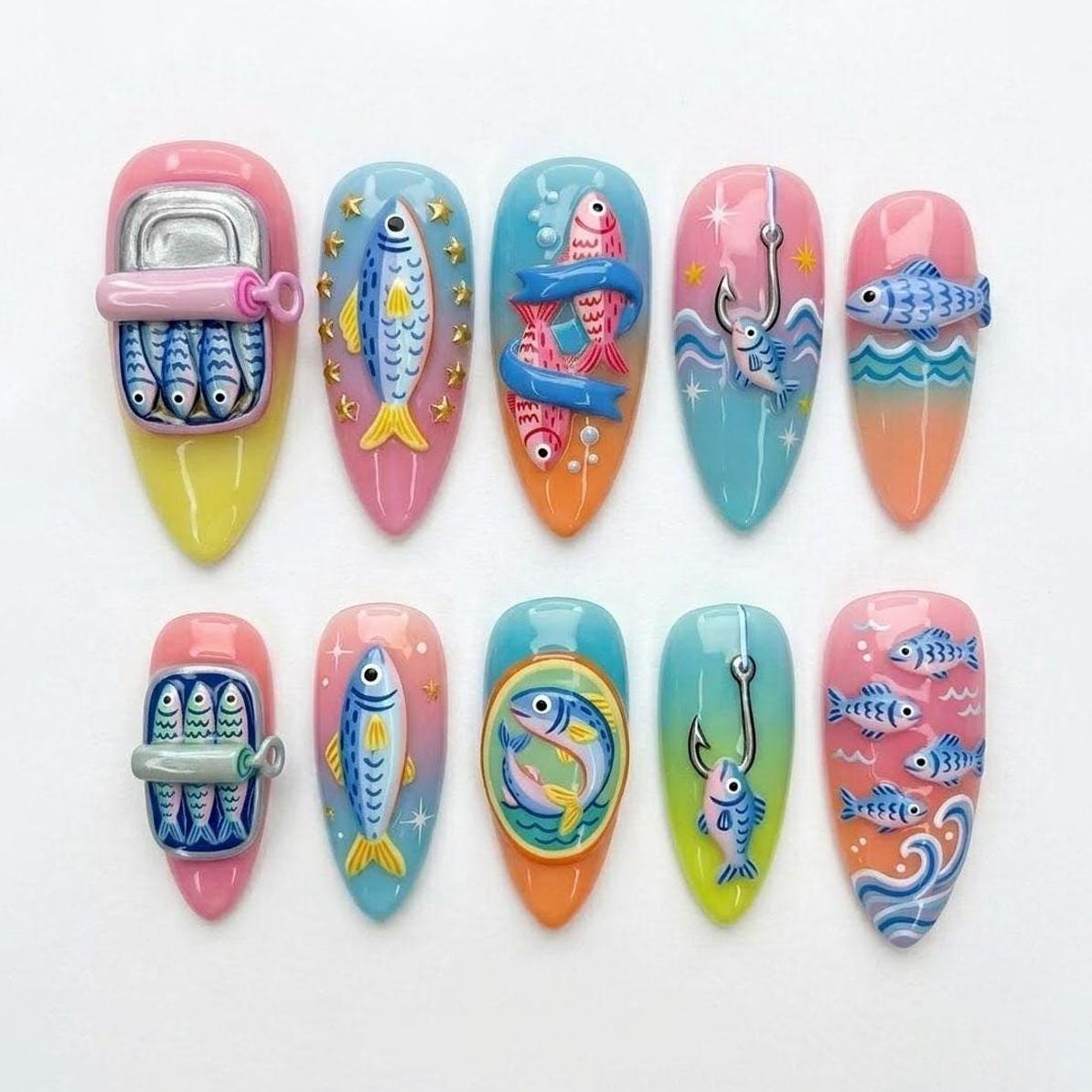3D Sardine Tin and Fishing Hook Nails With Colorful Ocean Fish Designs