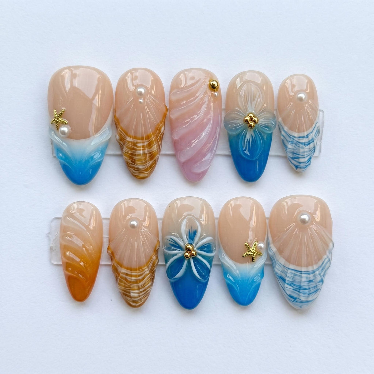 3D Shell and Sculpted Flower Ocean Press On Nails