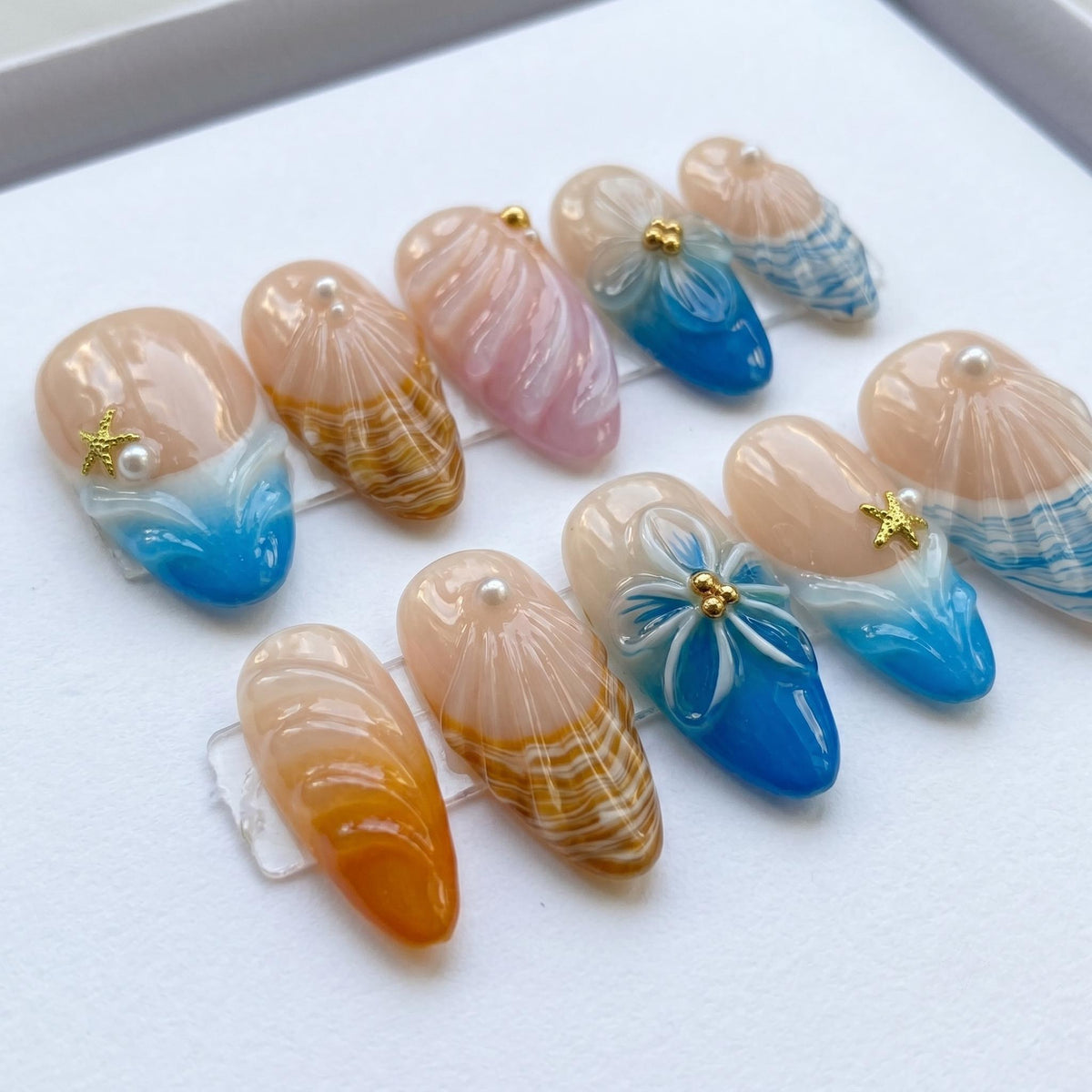 3D Shell and Sculpted Flower Ocean Press On Nails