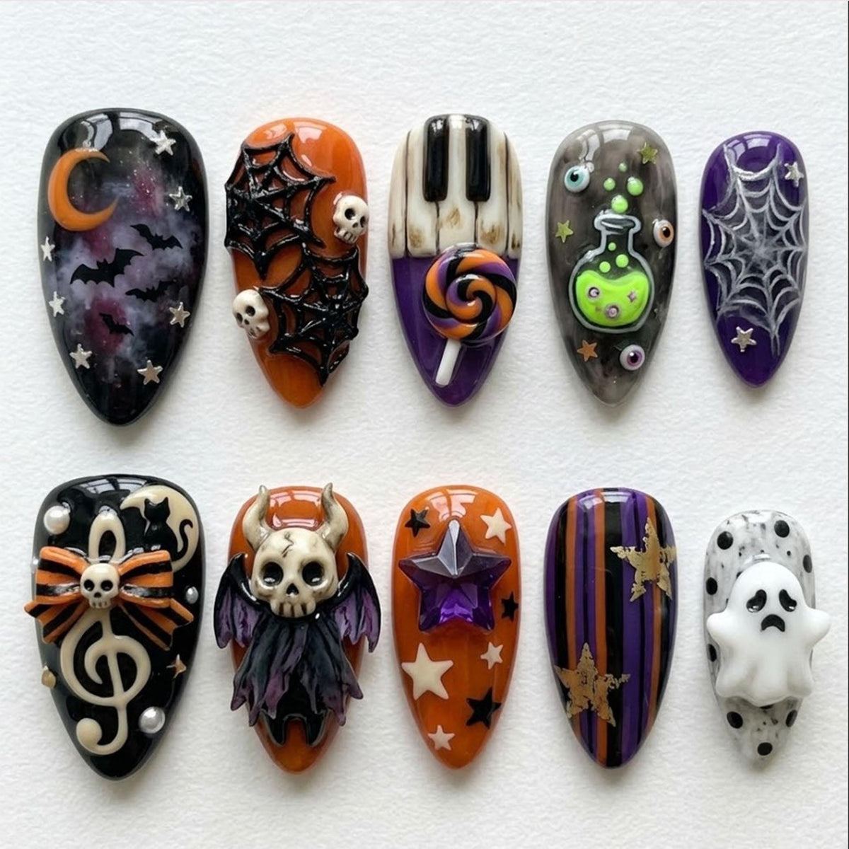 3D Spooky Halloween Press On Nails With Ghost, Skull, Potion Bottle & Spiderwebs