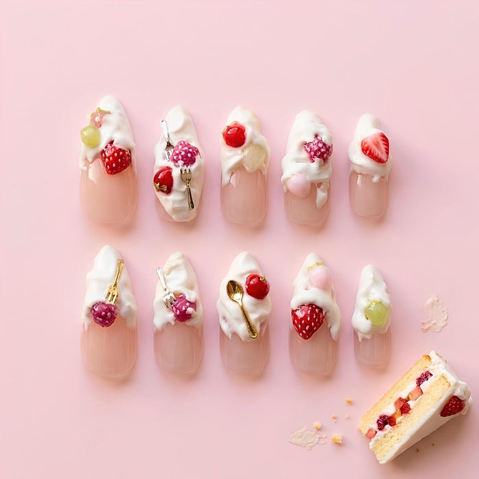 3D Strawberry Cake Birthday Press On Nails With Whipped Cream Tips and Gold Accents