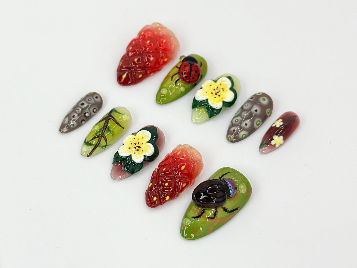 3D Strawberry, Ladybug & Flower Garden Press-On Nail Set