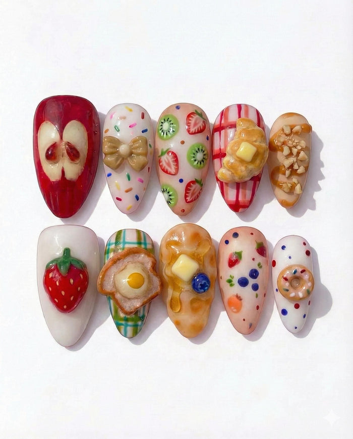 3D Strawberry, Pancake & Picnic Plaid Dessert Press On Nail Set