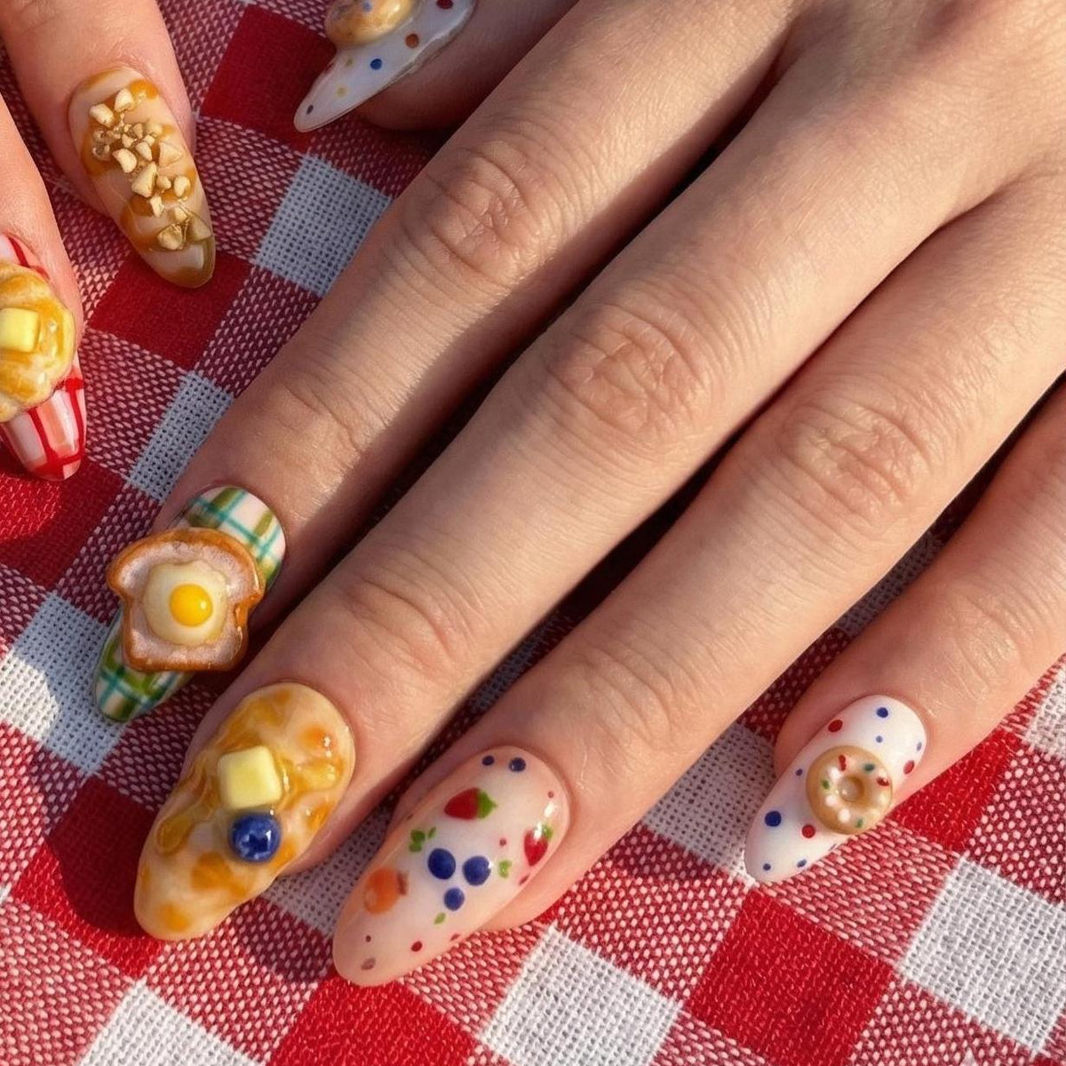 3D Strawberry, Pancake & Picnic Plaid Dessert Nail Set