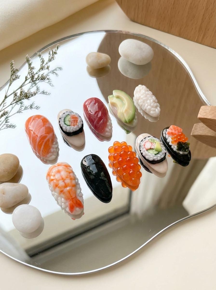 3D Sushi Press On Nails With Salmon, Shrimp, Roe, Maki, and Avocado
