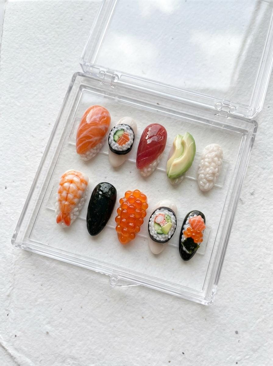 3D Sushi Press On Nails With Salmon, Shrimp, Roe, Maki, and Avocado