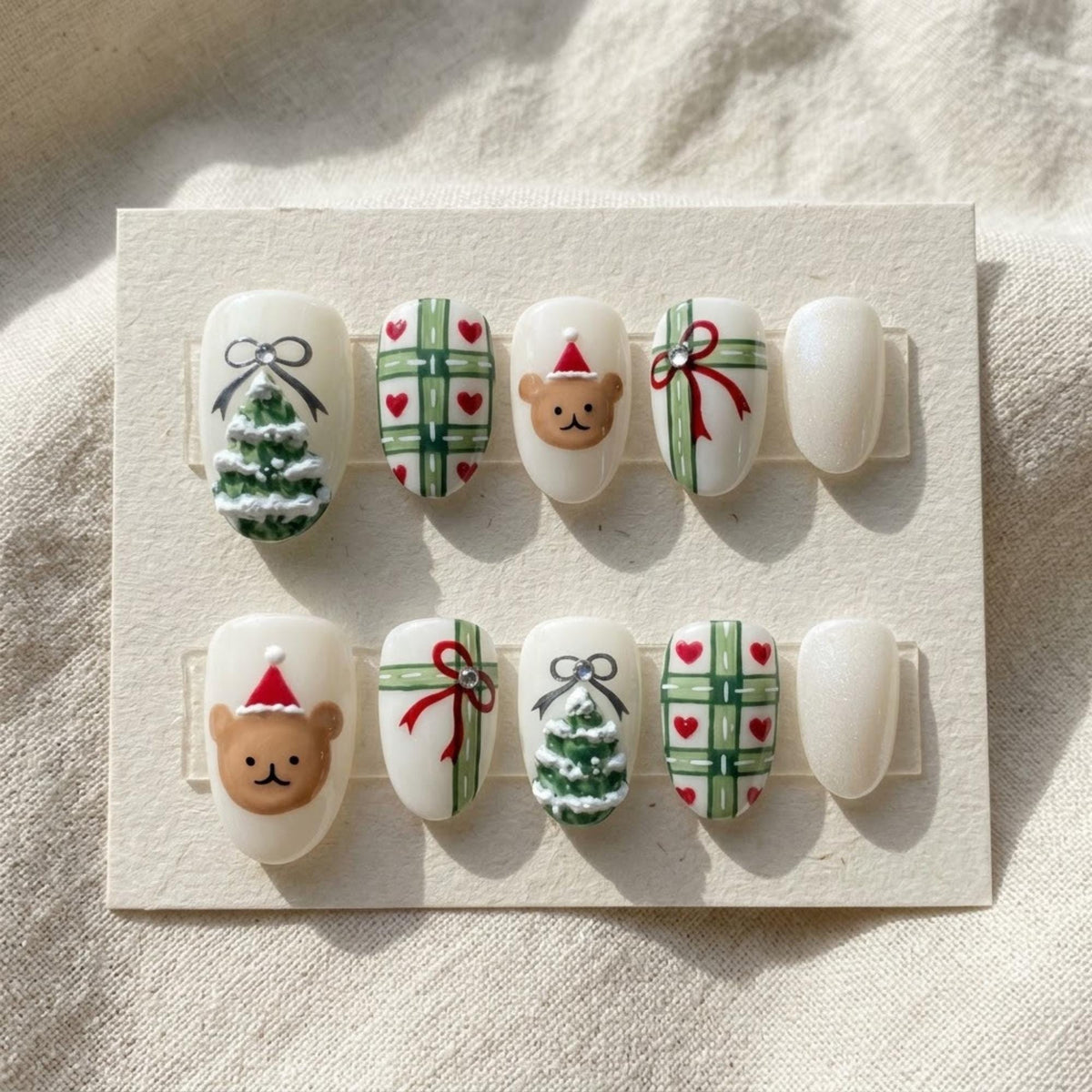 3D Teddy Bear and Christmas Tree Plaid Press On Nails