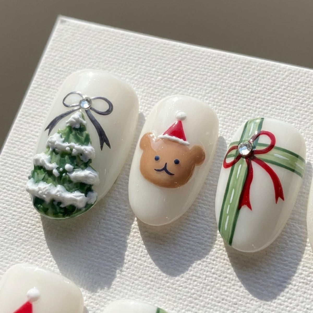 3D Teddy Bear and Christmas Tree Plaid Press On Nails
