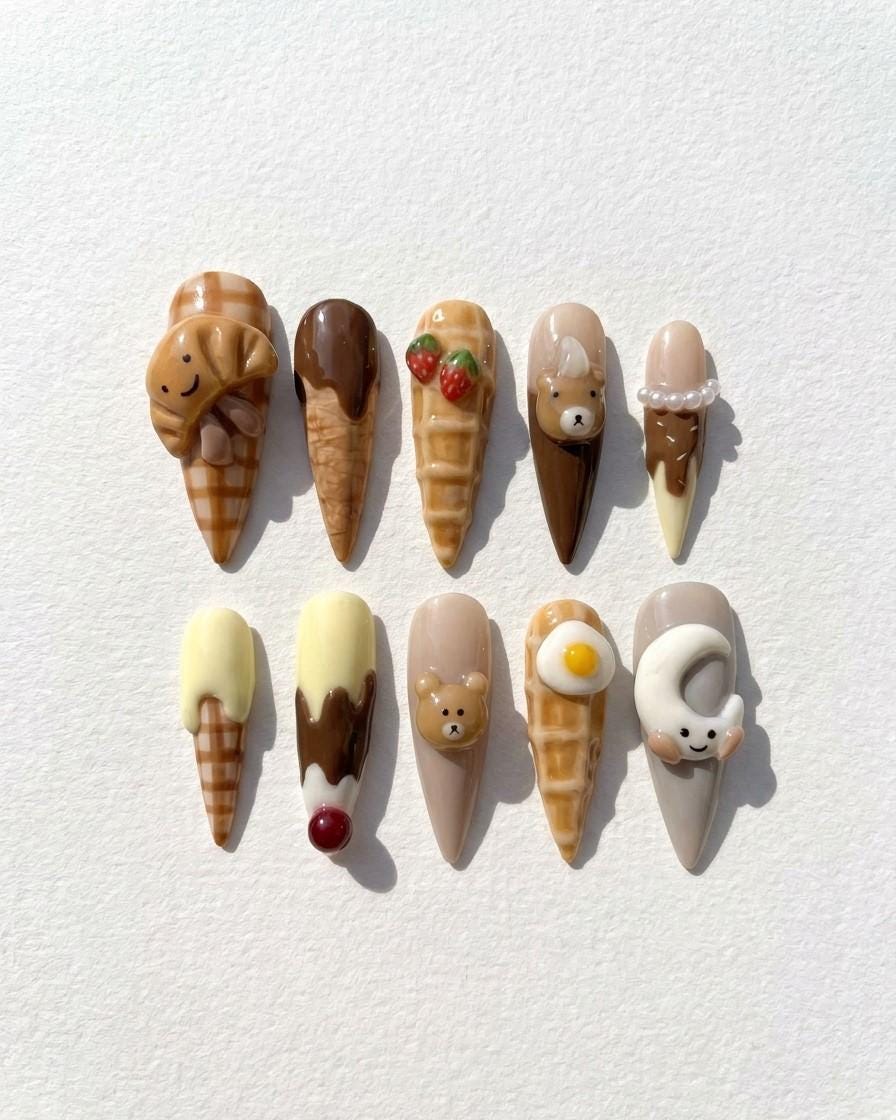 3D Teddy Bear and Ice Cream Cone Dessert Nails