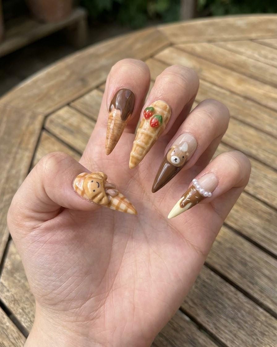 3D Teddy Bear and Ice Cream Cone Dessert Nails