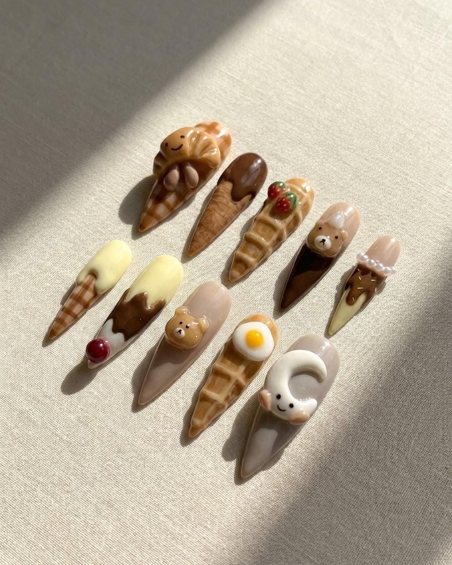 3D Teddy Bear and Ice Cream Cone Dessert Nails