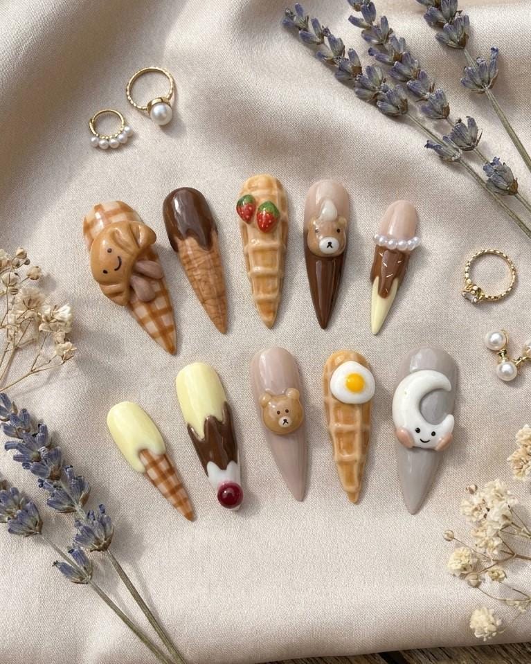 3D Teddy Bear and Ice Cream Cone Dessert Nails