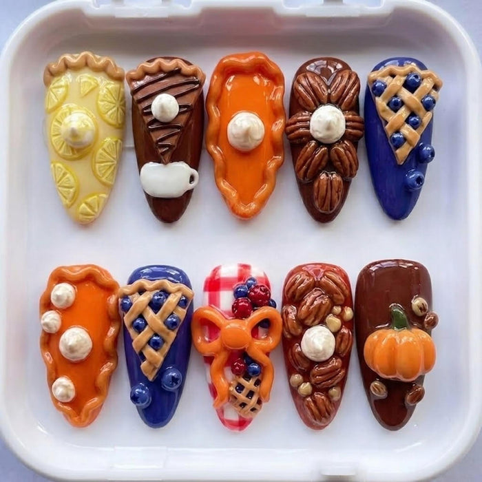 3D Thanksgiving Fall Bakery Press On Nails With Pie Lattice, Berries, Bow, and Pumpkin