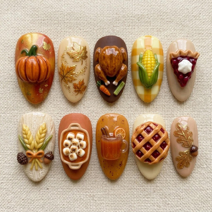 3D Thanksgiving Feast Press On Nails With Harvest Food, Plaid, and Gold Leaf Details