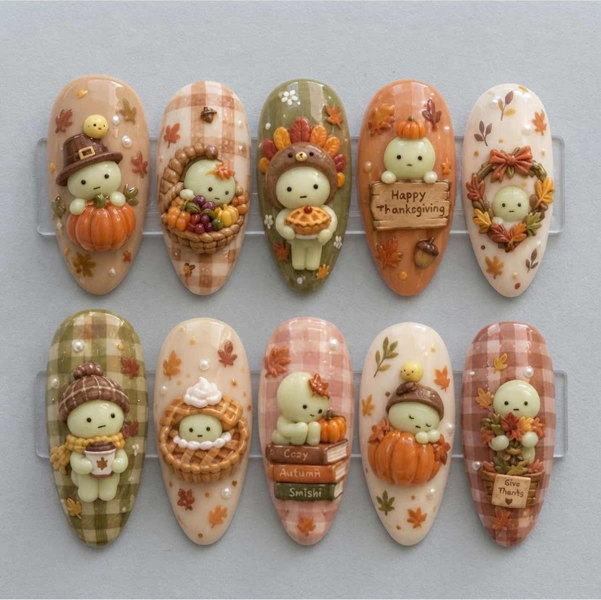 3D Thanksgiving Harvest Animal Press On Nail Set with Plaid, Pumpkins and Autumn Leaves
