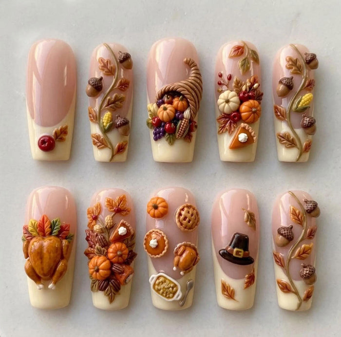 3D Thanksgiving Harvest French Tip Press On Nail Set With Turkey, Pies, Pumpkins and Cornucopia