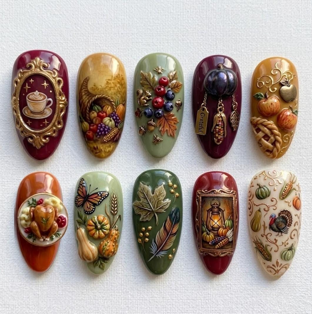 3D Thanksgiving Harvest Press On Nails With Pumpkins, Berries and Gold Scrollwork