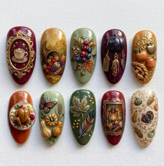 3D Thanksgiving Harvest Press On Nails With Pumpkins, Berries and Gold Scrollwork