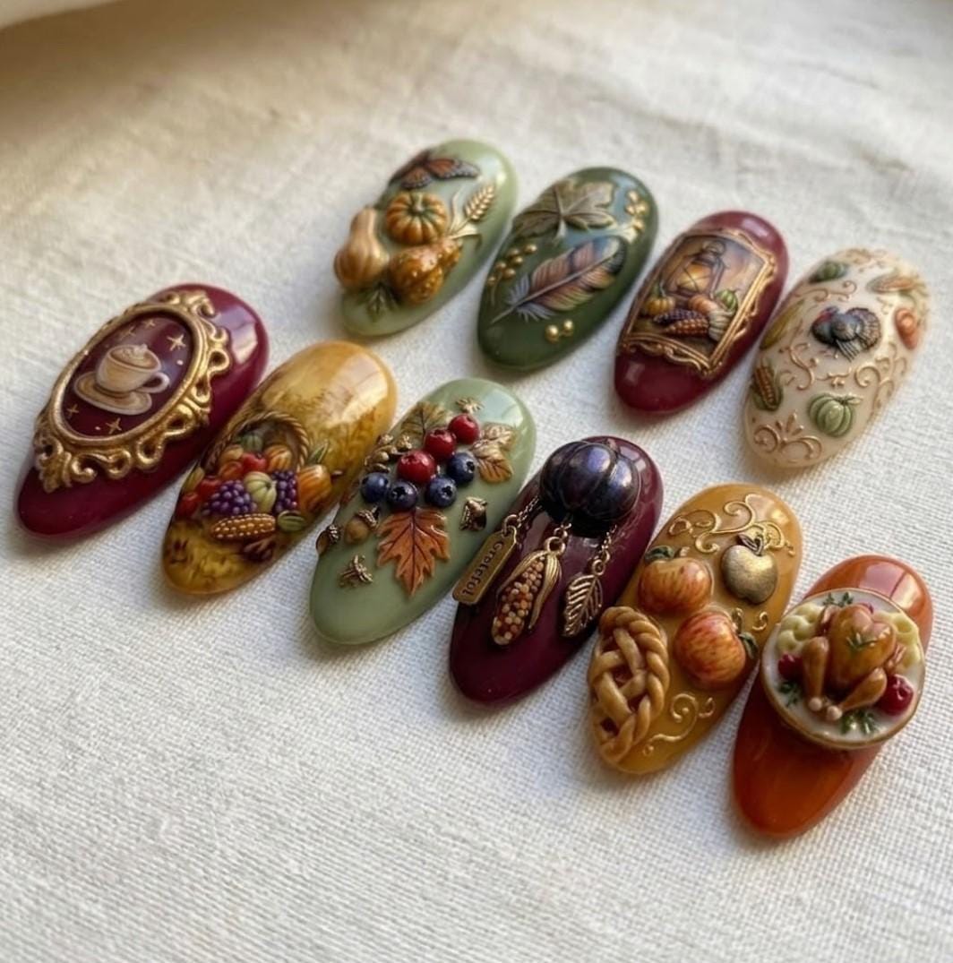 3D Thanksgiving Harvest Press On Nails With Pumpkins, Berries and Gold Scrollwork