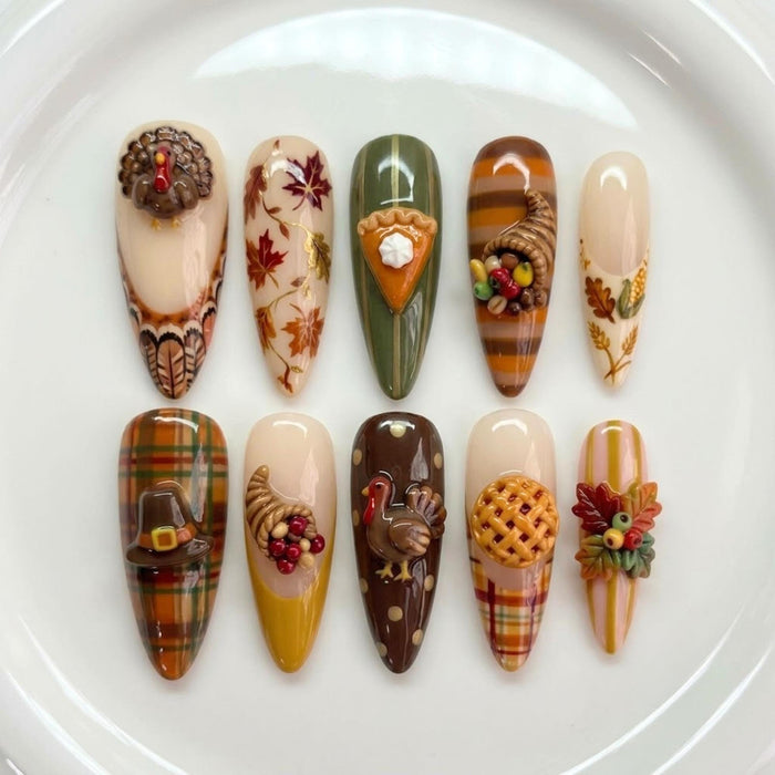 3D Thanksgiving Harvest Press On Nails With Turkey, Cornucopia, Leaves and Plaid