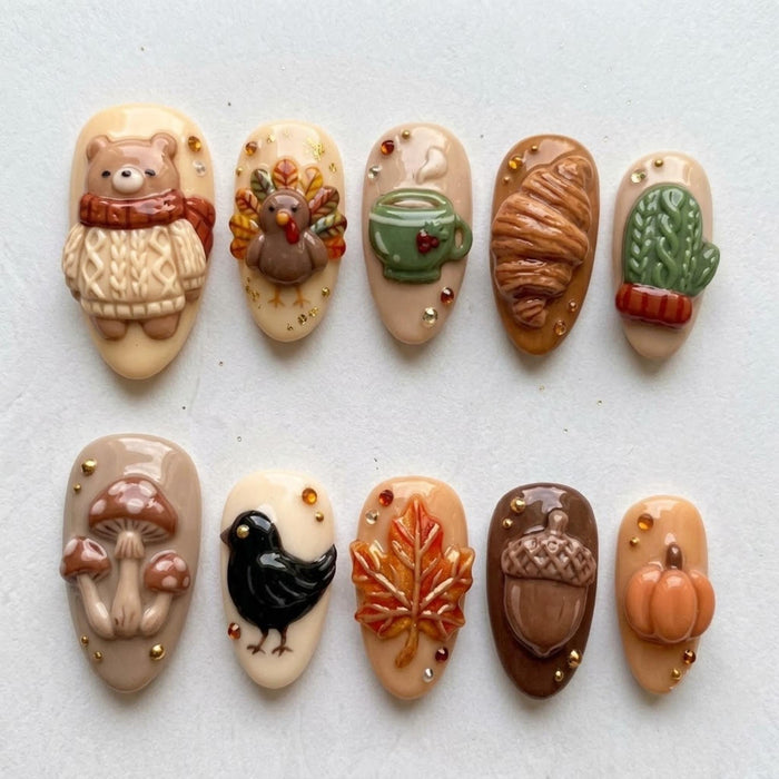 3D Thanksgiving Press On Nail Set With Turkey, Bear, Pumpkin, Maple Leaf and Fall Accents