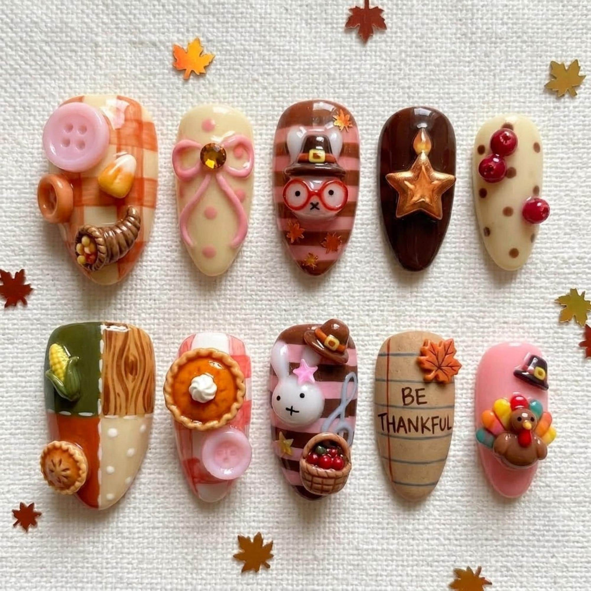 3D Thanksgiving Press On Nails With Turkey, Pie, Plaid and Harvest Accents