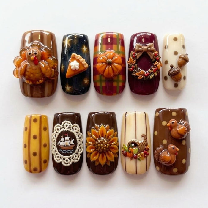 3D Thanksgiving Press On Nails With Turkey, Pumpkin, Sunflower & Harvest Details