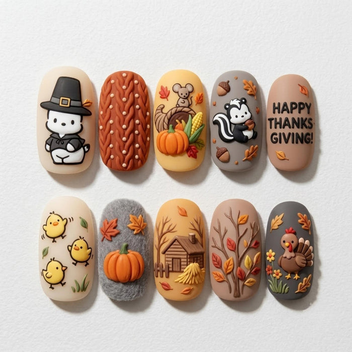 3D Thanksgiving Turkey, Pumpkin and Harvest Press On Nails