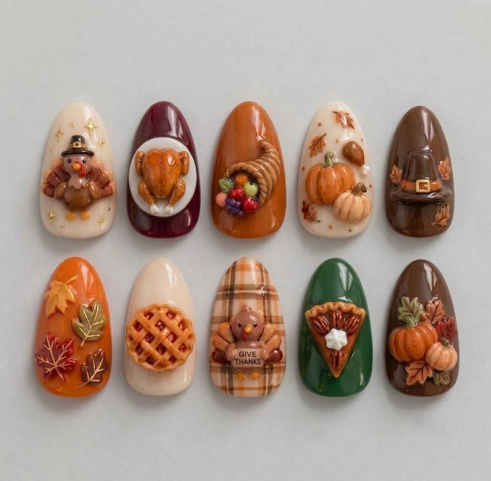 3D Thanksgiving Turkey, Pumpkin, and Harvest Press-On Nail Set