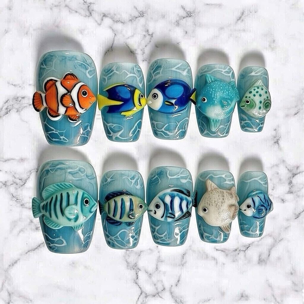 3D Tropical Fish Aquarium Press On Nails in Teal and Blue