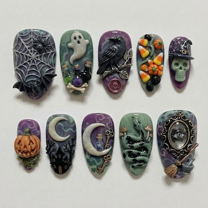 3D Witchy Halloween Press On Nails With Ghosts, Spiders, Pumpkins and Bats