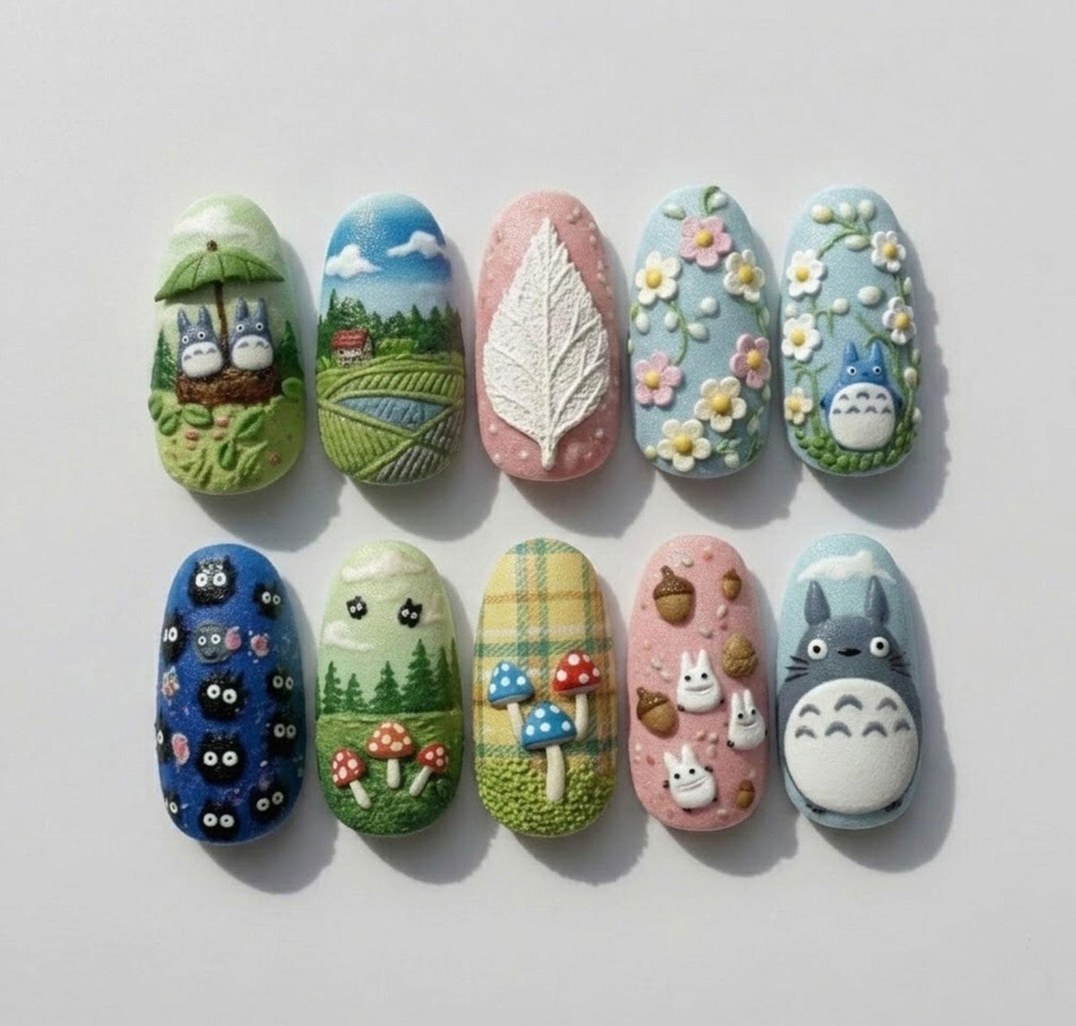3D Woodland Spirit Press-On Nails with Mushrooms, Flowers, and Plaid
