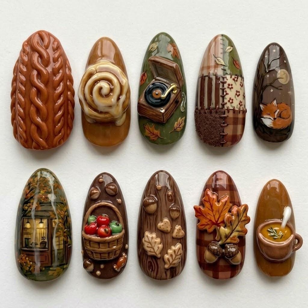 3D Woodland Thanksgiving Press On Nails With Autumn Leaves, Fox, Acorns, and Cozy Details