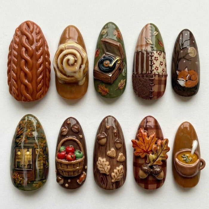 3D Woodland Thanksgiving Press On Nails With Autumn Leaves, Fox, Acorns, and Cozy Details