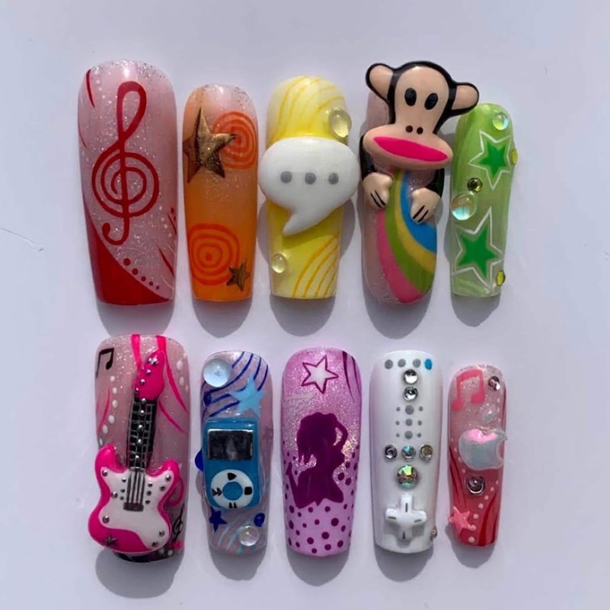 3D Y2K Pop Culture Nail Set With Retro Toys, Music Notes and Stars