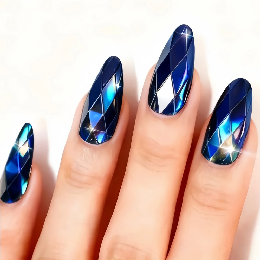 3D Metallic Rhombus Aurora Almond Press-On Nails – Purple Blue Green, 24 Pcs