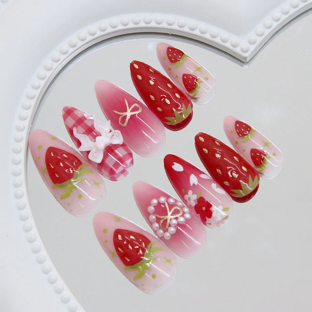 Strawberry Pink Plaid 3D Bow Press-On Nails – Almond, 24 Pcs