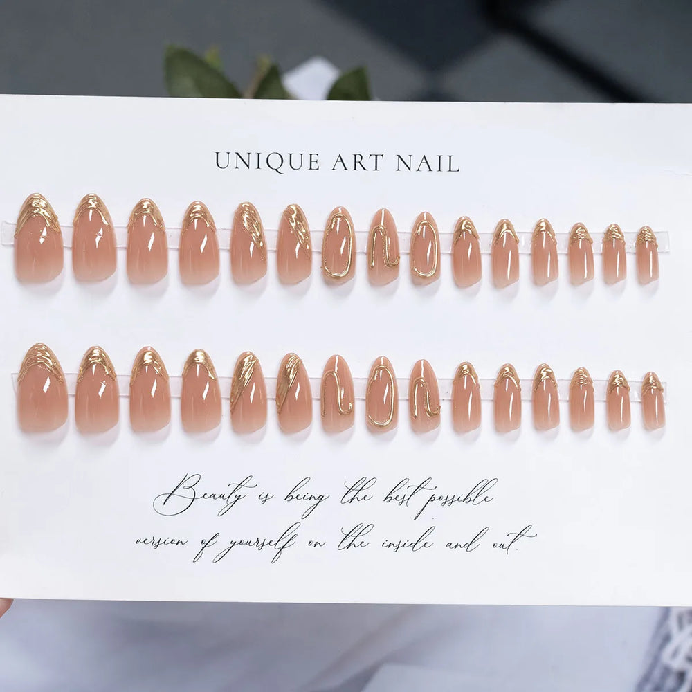3D Nude Almond Press-On Nails with Gold Frame Stripe – Medium