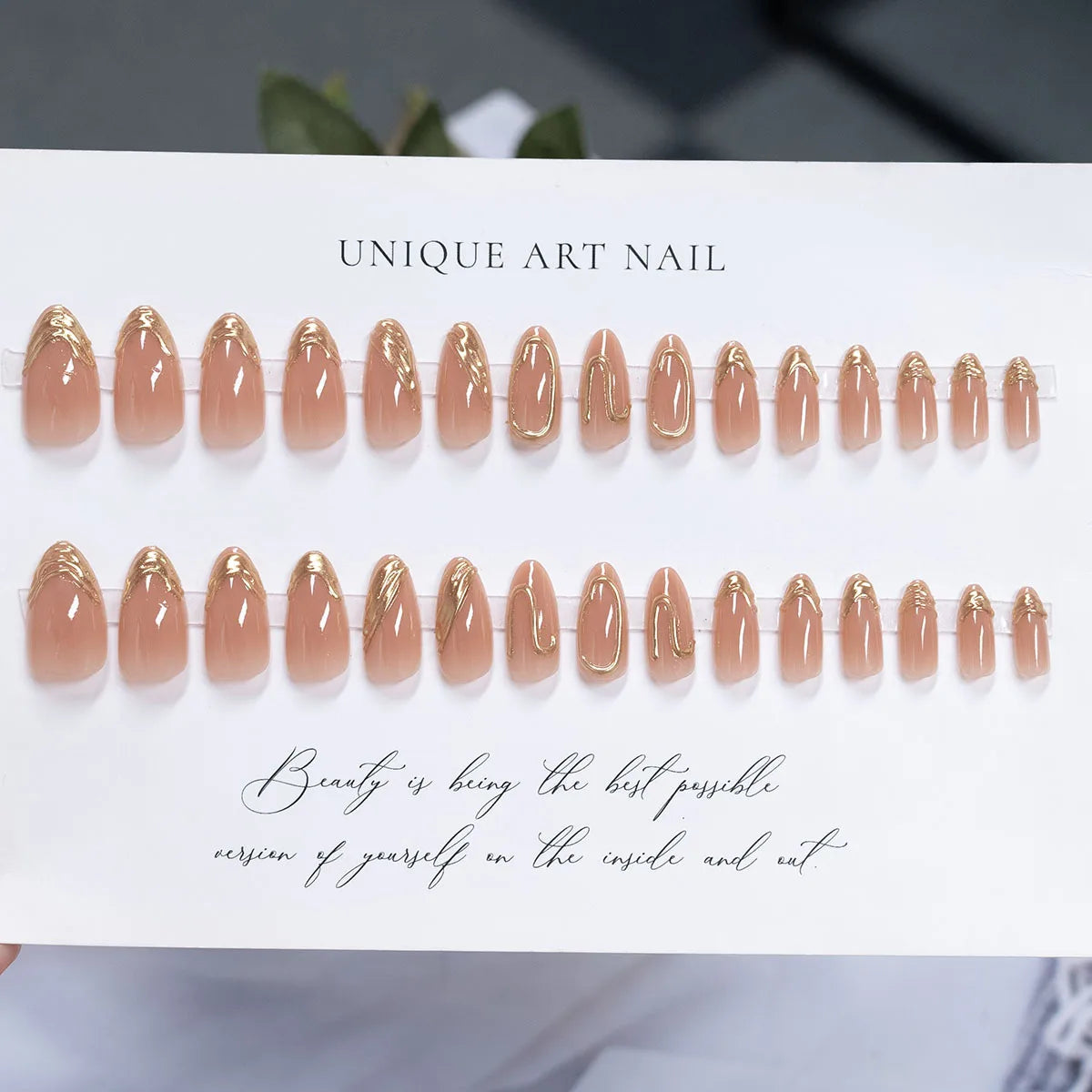 3D Medium fake nails for women gilrs Nude almond nail tips with golden frame strips full cover press on acrylic false nail art