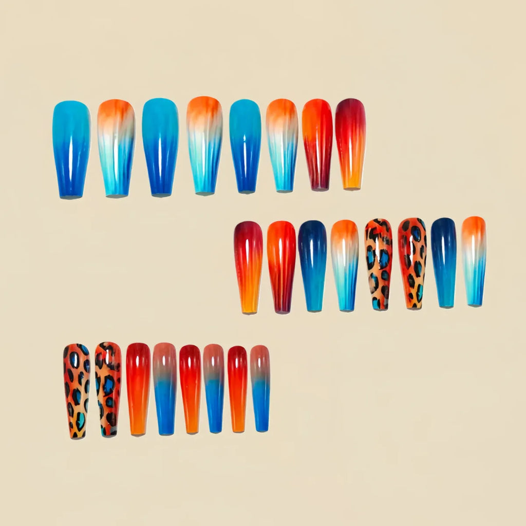Medium Long fake nails for women girls gradient orange pink blue brown leopard design Y2K french tips press on false nail art