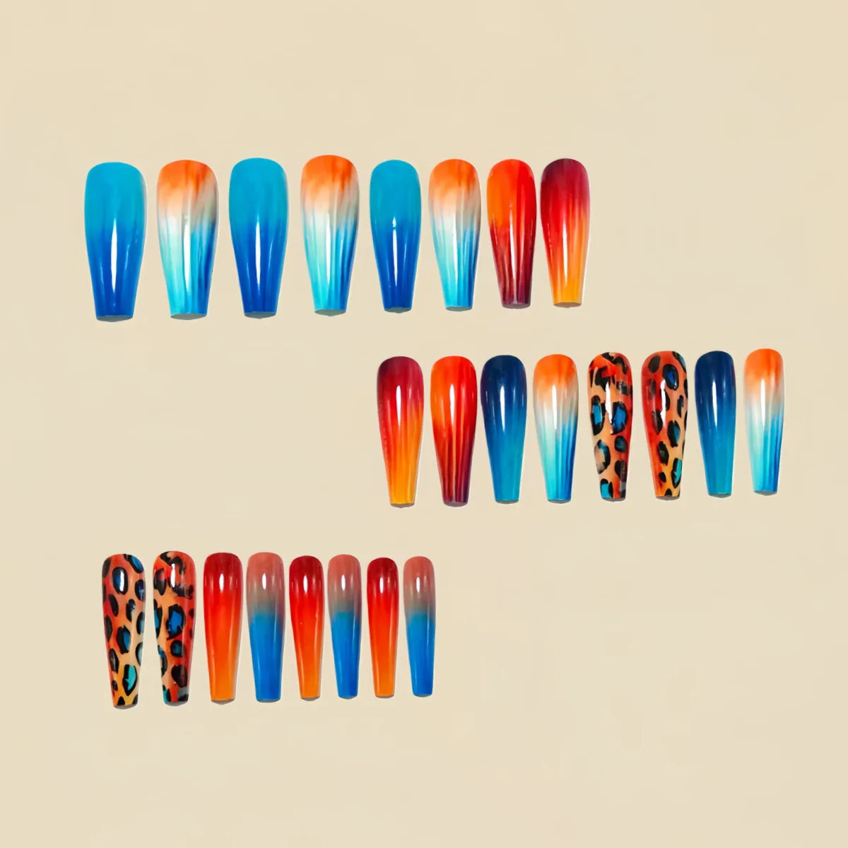 Medium Long fake nails for women girls gradient orange pink blue brown leopard design Y2K french tips press on false nail art