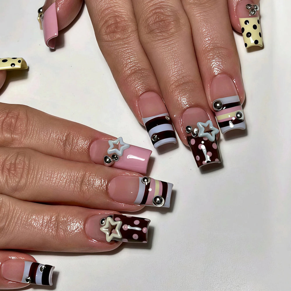 Star & Spiral Stripe French Bow Press-On Nails – Medium Square, 24 Pcs