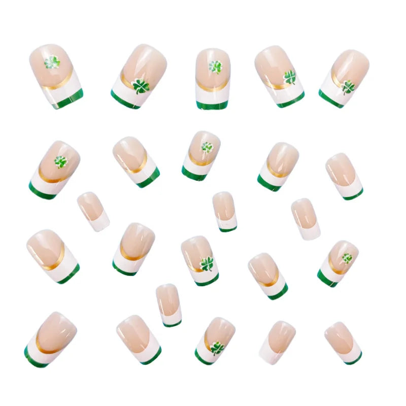 Medium fake nails nude square shape with white green edge Four-leaf clover for St. Patrick's Day press on false nail art set