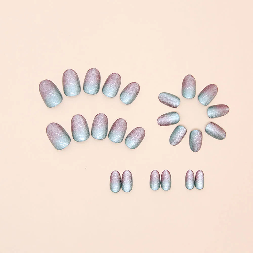 Medium fake nails for women girl gradient blue purple Glossy Almond nail art tips full cover acrylic press on false nail art set