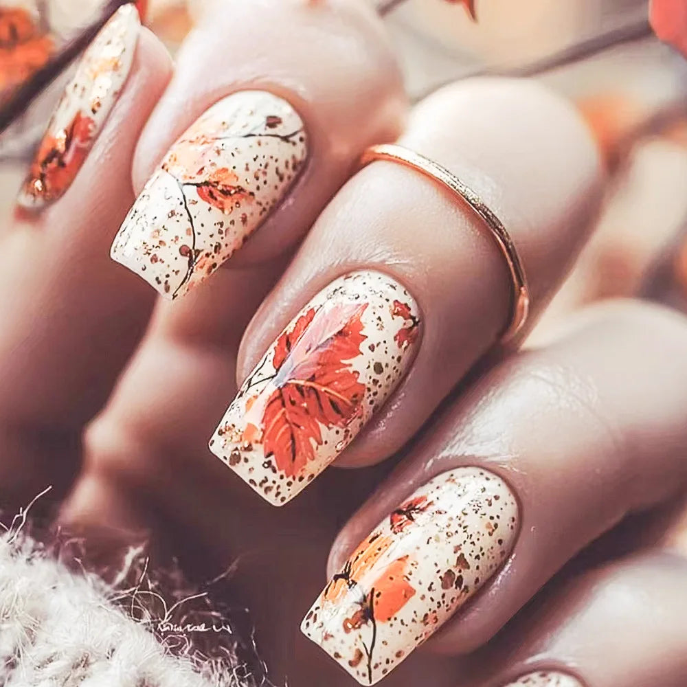 24pcs/set Medium long fake nail for Autumn Winter fashion maple leaves flowers brown green white pink tips press on false nail