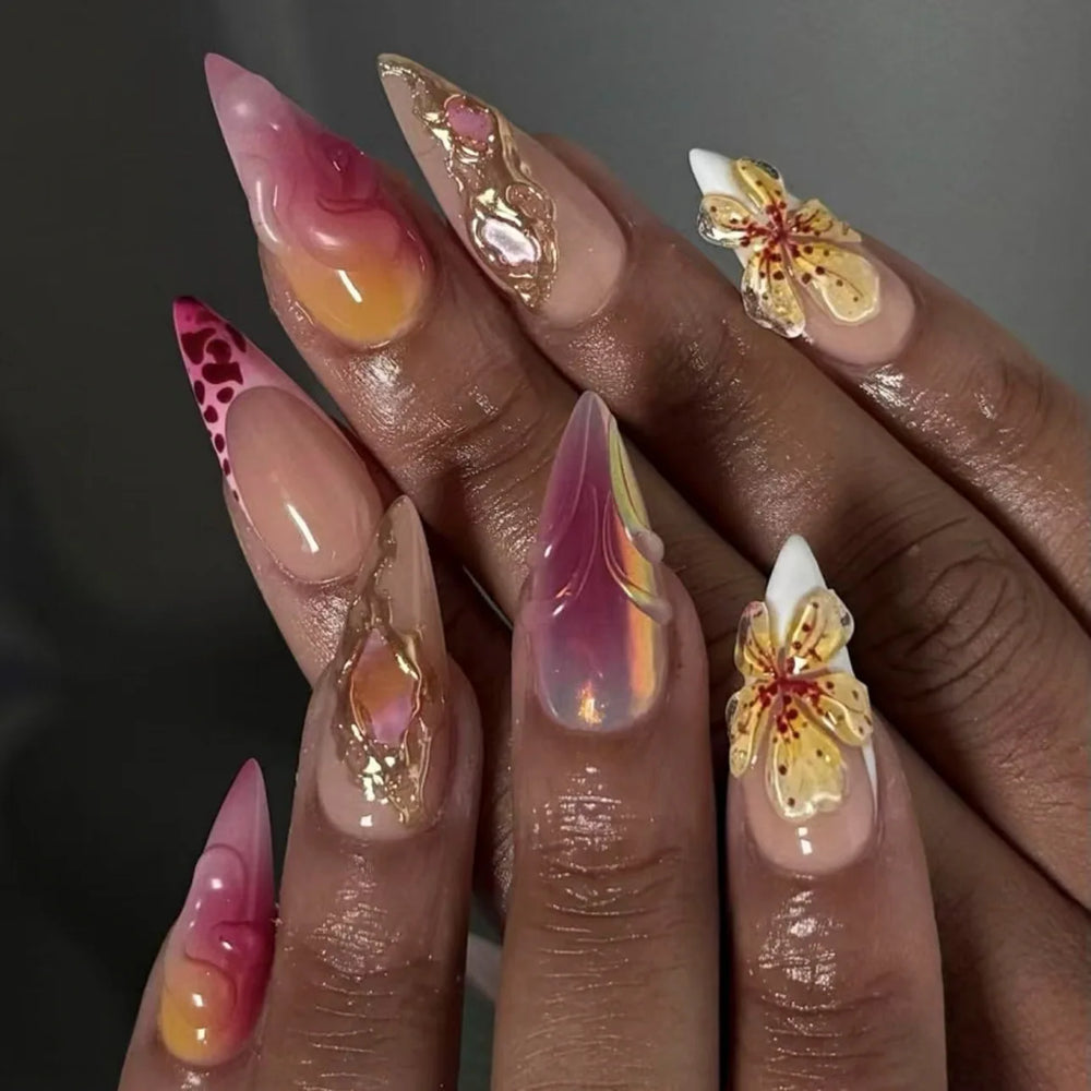 Tropical Hibiscus & Butterfly French Press-On Nails – Almond, 24 Pcs