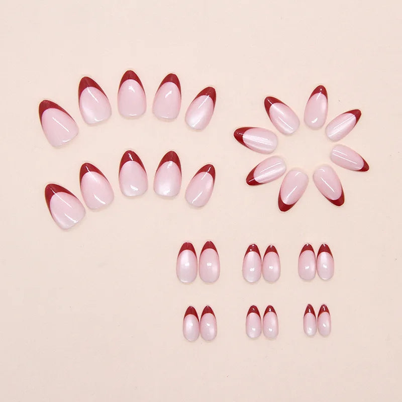 Short Medium fake nails cor women girls shimmer Glossy cat eyes nude red wine red colors french style press on false nail set