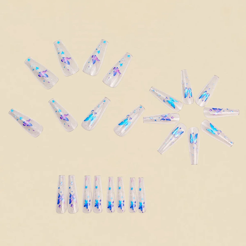 Half Clear Purple Blue Butterfly Ballet Press-On Nails – Medium